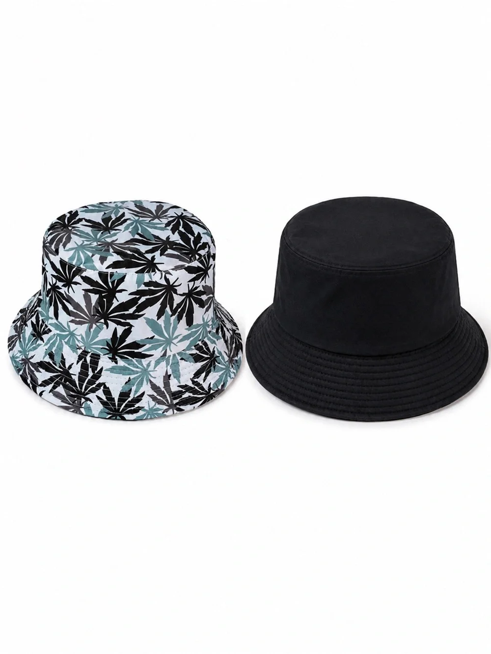 Reversible Bucket Hat Cannabis Leaf Print Black Blue Cotton Unisex NWOT